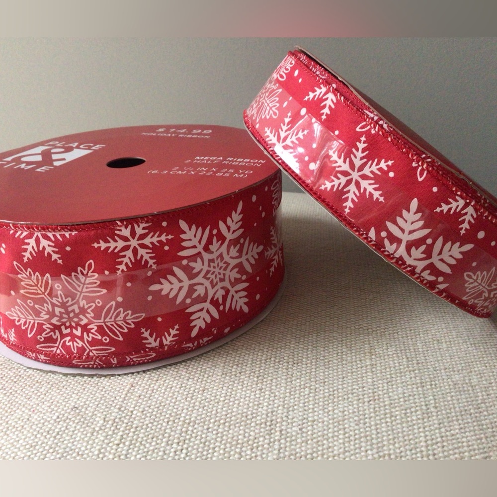 2 Rolls Snowflakes on Red Wired Ribbon